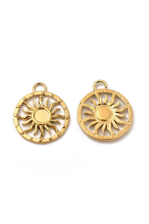 Ion Plating(IP) 304 Stainless Steel Pendant Cabochon Settings Flat Round with Sun Real 18K Gold Plated Tray: 3mm 15x12.5x1mm Hole: 1.6mm DIY