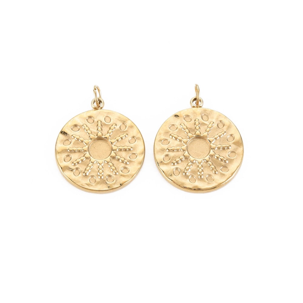 Ion Plating(IP) 304 Stainless Steel Pendant Enamel Settings with Jump Rings Flat Round Real 14K Gold Plated 18.5x16x2mm Jump Ring: 4x0.5mm