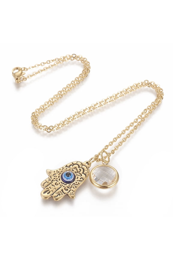 Ion Plating(IP) 304 Stainless Steel Pendant Necklaces with Plastic Beads and Glass Hamsa Hand/Hand of Fatima/Hand of Miriam with Eye Golden 17.7 inch(45cm) 1mm