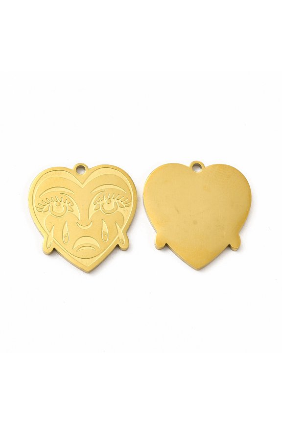 Ion Plating(IP) 304 Stainless Steel Pendants Crying Face Heart Charms Golden 20x19x1.4mm Hole: 1.5mm