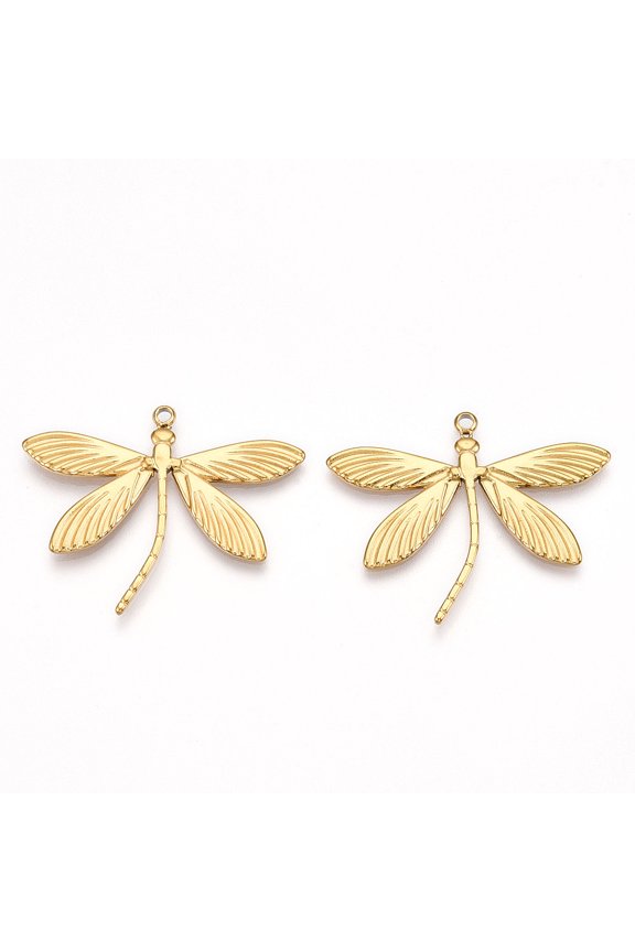 Ion Plating(IP) 304 Stainless Steel Pendants Dragonfly Charms Real 18K Gold Plated 28x35x1.5mm Hole: 1.5mm