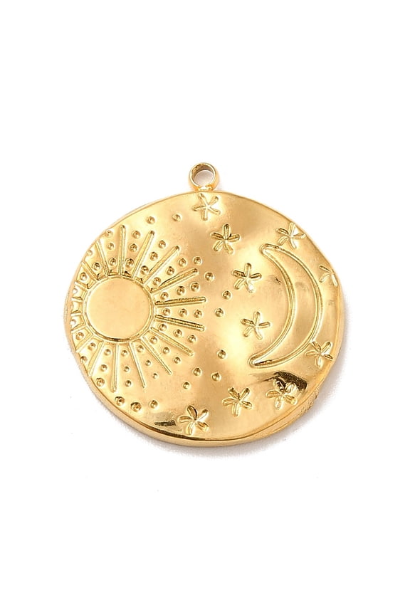 Ion Plating(IP) 304 Stainless Steel Pendants Flat Round with Moon & Sun Real 18K Gold Plated 22x21x2.5mm Hole: 1.6mm