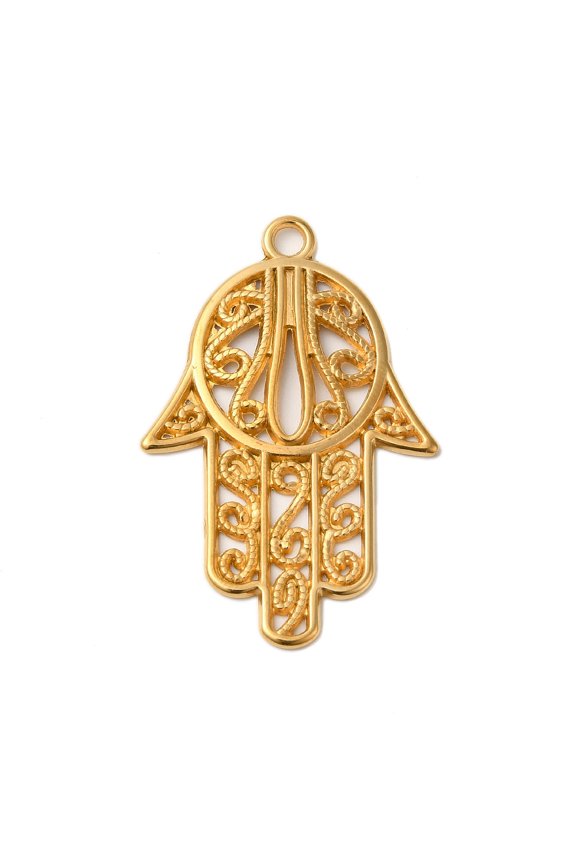 Ion Plating(IP) 304 Stainless Steel Pendants Hamsa Hand/Hand of Miriam Charms Real 18K Gold Plated 44x28.5x2mm Hole: 2.5mm