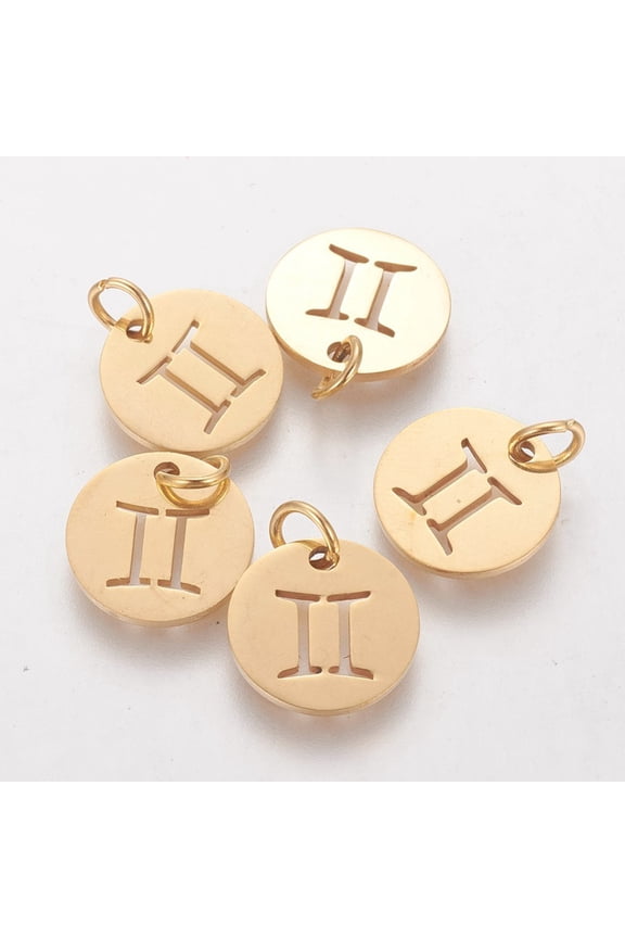 Ion Plating(IP) 304 Stainless Steel Pendants with Jump Ring Laser Cut Flat Round with Constellation/Zodiac Sign Real 18K golden Plated Gemini 12x1mm Hole: 3mm
