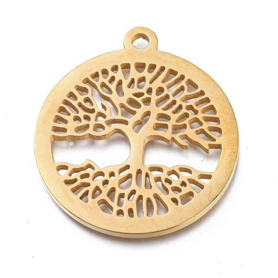 Ion Plating(IP) 304 Stainless Steel Pendants Manual Polishing Flat Round with Tree of Life Golden 28.5x25.5x1.2mm Hole: 2mm
