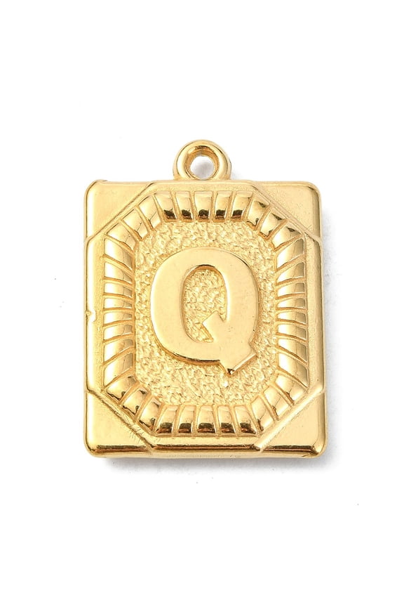 Ion Plating(IP) 304 Stainless Steel Pendants Rectangle with Letter Charm Real 18K golden Plated Letter Q 24.5x18x3mm Hole: 1.8mm