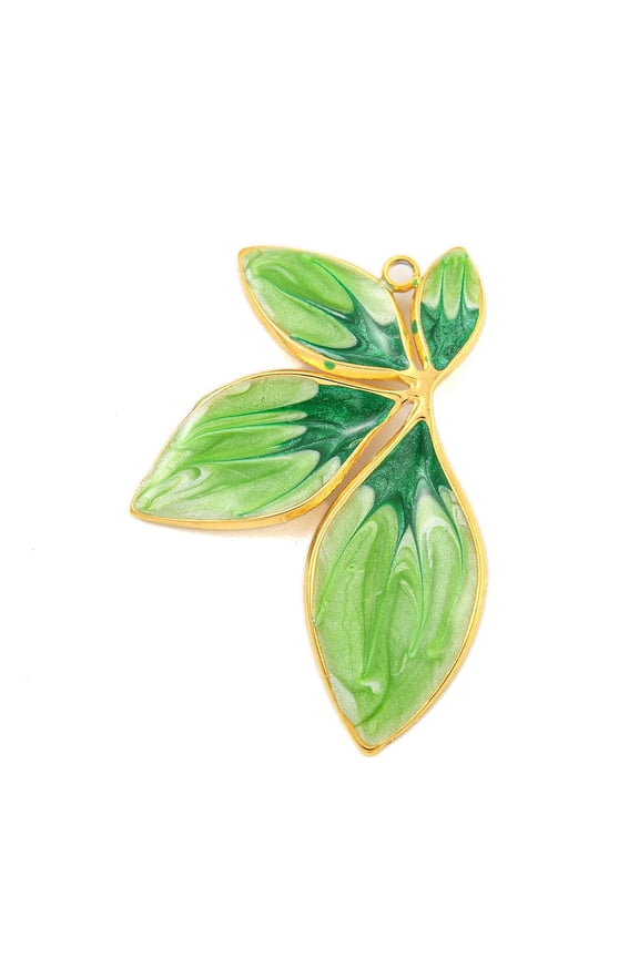 Ion Plating(IP) 304 Stainless Steel Pendants with Enamel Real 18K golden Plated Leaf Charm Lime Green 34x23x2.5mm Hole: 1.4mm