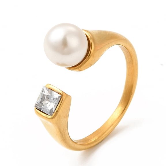 Ion Plating(IP) 304 Stainless Steel Rhinestone Cuff Finger Rings Plastic Bead Open Rings for Women Real 18K golden Plated Size 7(17.3mm) 2~7mm