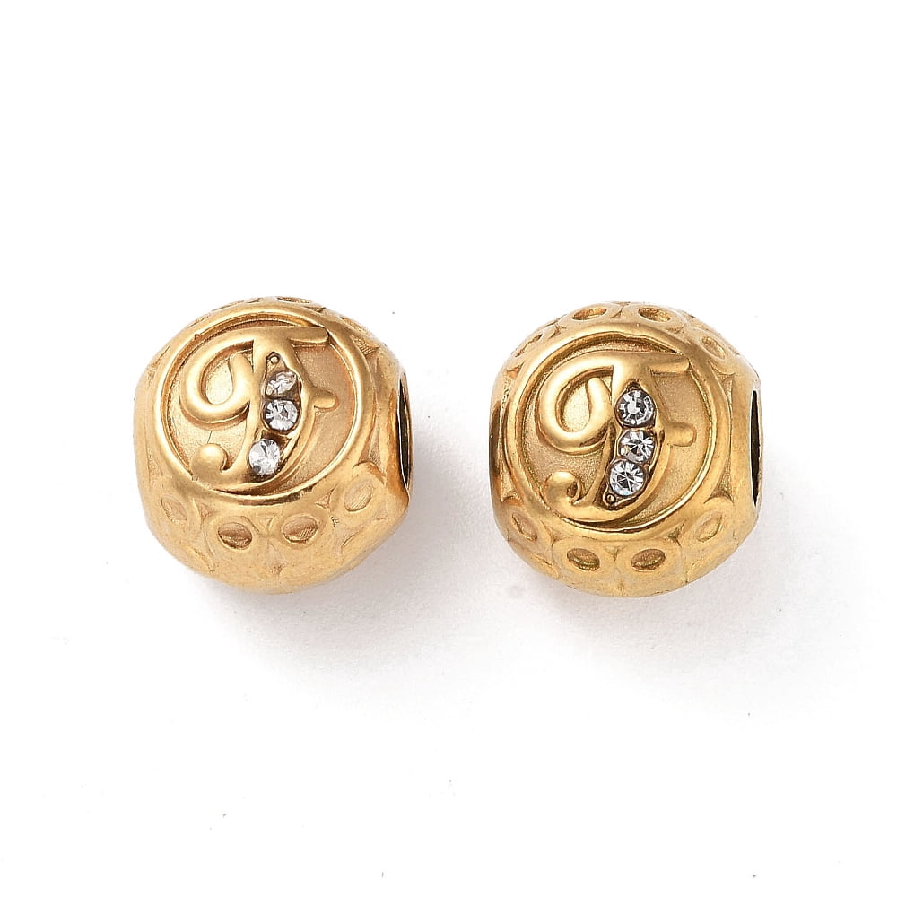 Ion Plating(IP) 304 Stainless Steel Rhinestone European Beads Round Large Hole Beads Real 18K Gold Plated Round with Letter Letter F 11x10mm