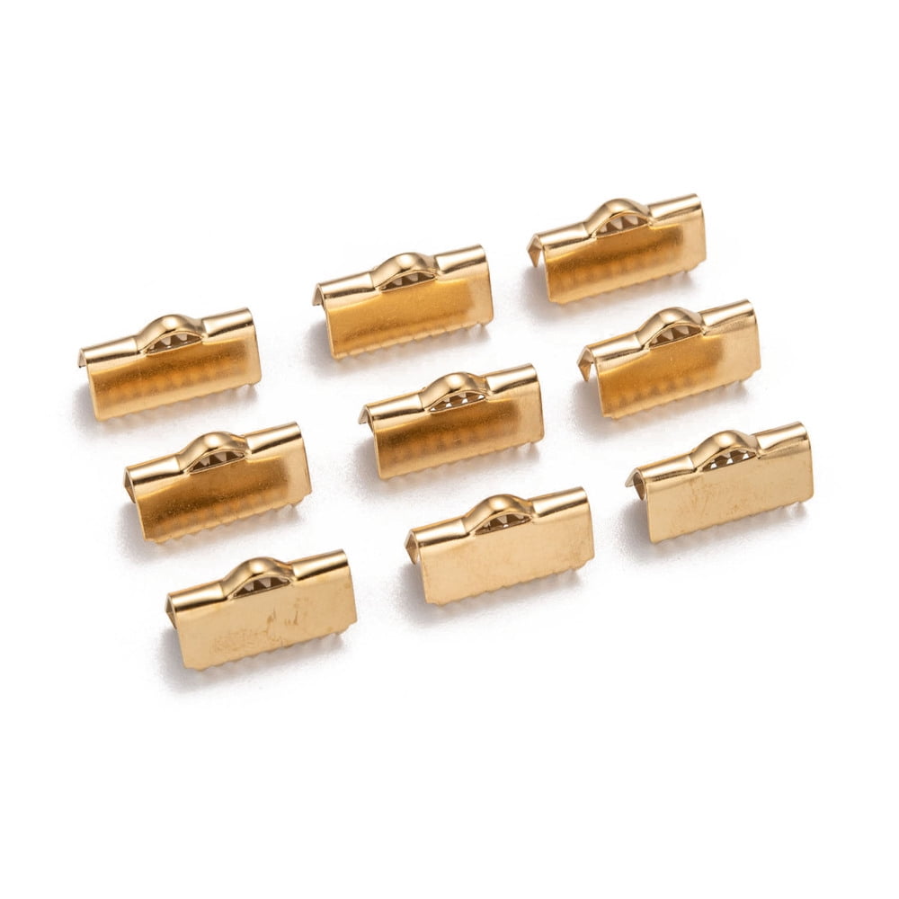 Ion Plating(IP) 304 Stainless Steel Ribbon Crimp Ends Golden 9x15mm Hole: 1.5mm