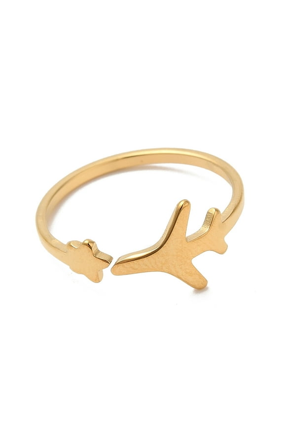 Ion Plating(IP) 304 Stainless Steel Star & Airplane Open Cuff Ring for Women Real 18K Gold Plated US Size 6(16.5mm)