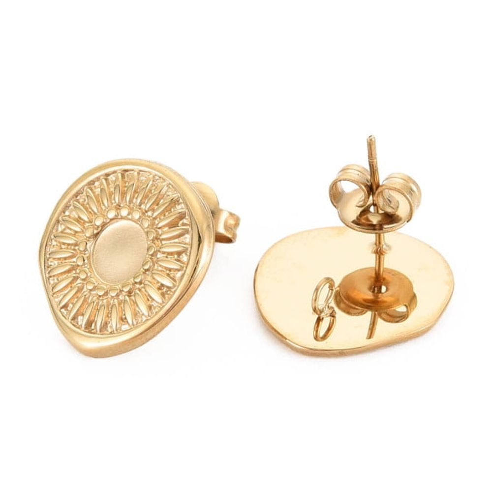 Ion Plating(IP) 304 Stainless Steel Stud Earring Findings Earring Setting for Enamel with Ear Nuts and Loop Oval with Sun Real 14K Gold Plated 15.5x15.5mm Hole: 2mm Pin: 0.7mm Tray: 5mm