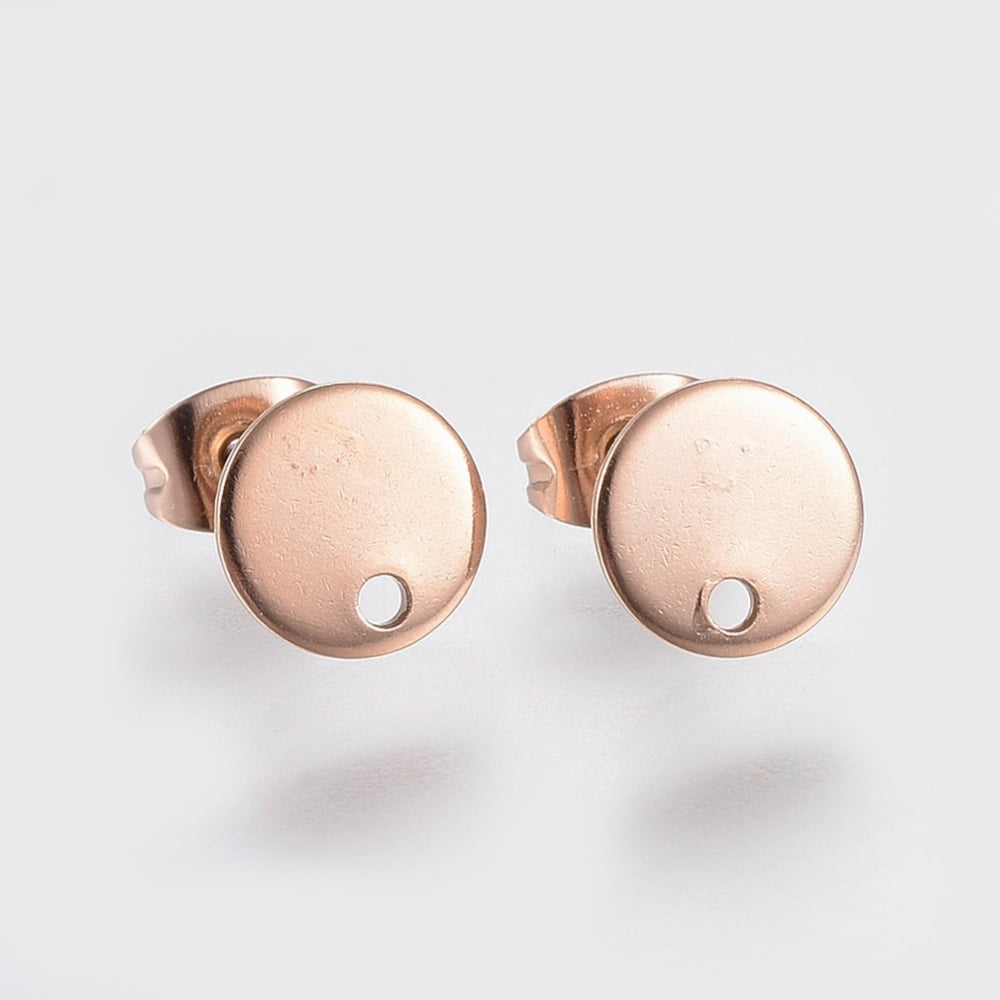 Ion Plating(IP) 304 Stainless Steel Stud Earring Findings with Loop and Flat Plate Ear Nuts/Earring Backs Flat Round Rose Gold 8x1mm Hole: 1.2mm Pin: 0.8mm