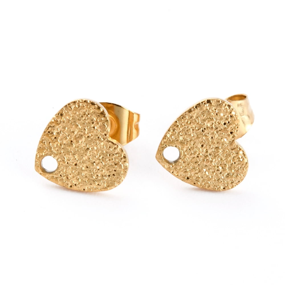 Ion Plating(IP) 304 Stainless Steel Stud Earring Findings with Ear Nuts/Earring Backs and Hole Heart Shape with Textured Golden 8.4x9x1mm Pin: 0.8mm