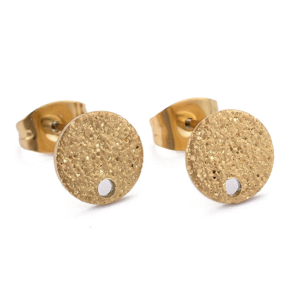 Ion Plating(IP) 304 Stainless Steel Stud Earring Findings with Earring Backs & Loop Textured Flat Round Golden 8x1mm Hole: 1.4mm Pin: 0.8mm