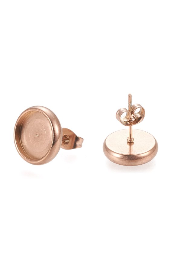 Ion Plating(IP) 304 Stainless Steel Stud Earring Settings with Ear Nuts Flat Round Rose Gold 12.5mm Pin: 0.8mm Tray: 10mm