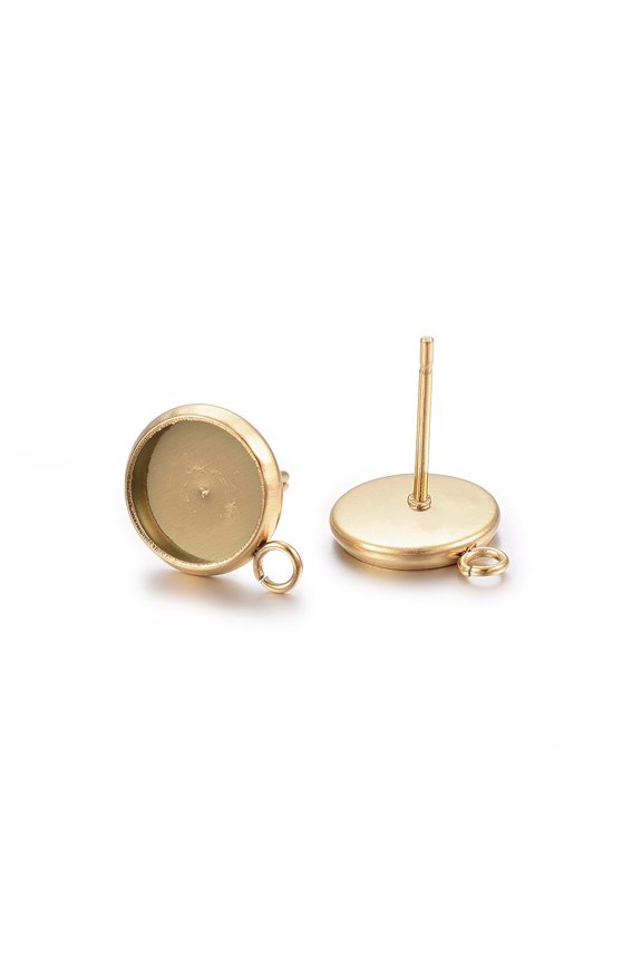 Ion Plating(IP) 304 Stainless Steel Stud Earring Settings with Loop Flat Round Golden Tray: 10mm 14.5x12x2mm Hole: 1.8mm Pin: 0.8mm DIY