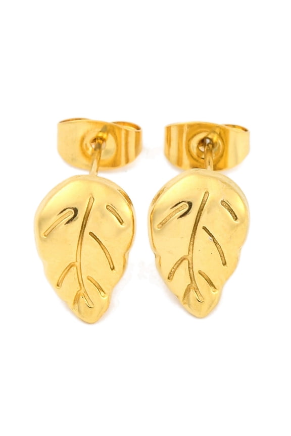 Ion Plating(IP) 304 Stainless Steel Stud Earrings Leaf Real 18K golden Plated 11.5x7.5mm