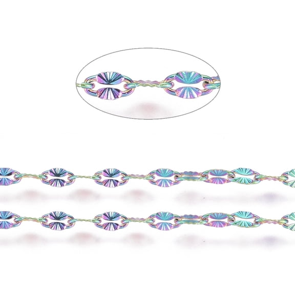 Ion Plating(IP) 304 Stainless Steel Textured Dapped Chains Cable Chains Soldered Flat Oval Rainbow Color 4x2x0.5mm about 32.8 Feet(10m)/roll
