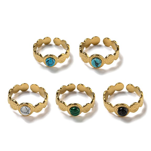 Ion Plating(IP) 304 Stainless Steel with Synthetic Gemstone Ring Round Real 18K Gold Plated Adjustable