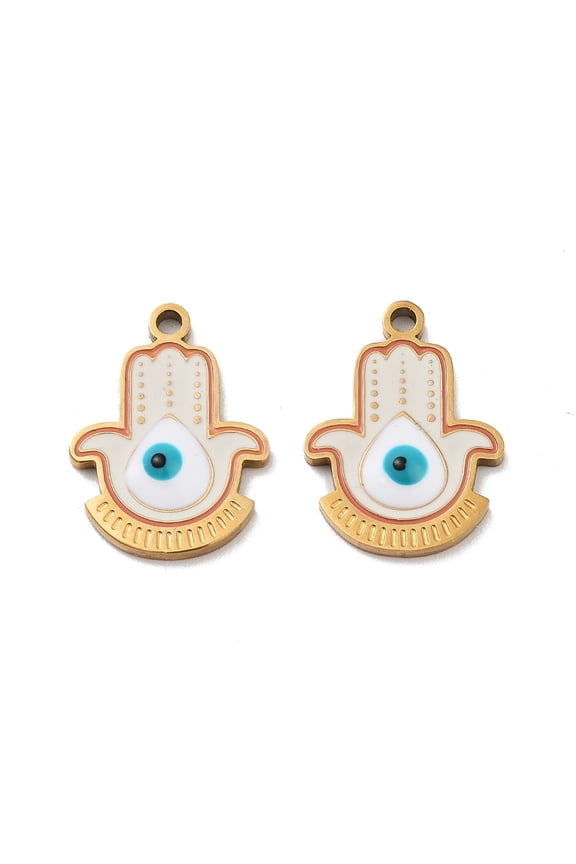 Ion Plating(IP) 316 Surgical Stainless Steel Pendants Nickel Free with Enamel Real 18K golden Plated Hamsa Hand with Charm White 17x13x2.5mm Hole: 1.5mm