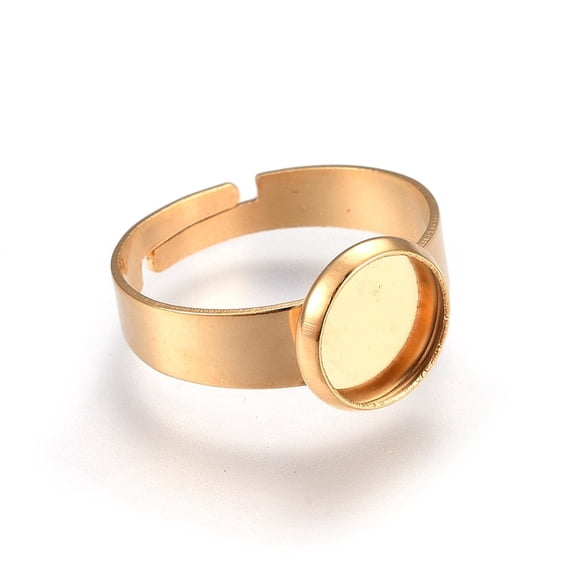 Ion Plating(IP) Adjustable 201 Stainless Steel Finger Rings Components Pad Ring Base Findings Flat Round Golden Size 7 17~17.5mm Tray: 8mm Gold