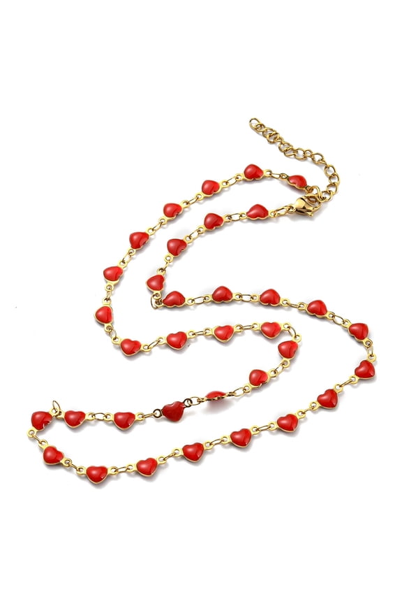 Ion Plating(IP) Golden 304 Stainless Steel Heart Link Chain Necklaces with Enamel Red 17.72-17.91 inch(45-45.5cm)