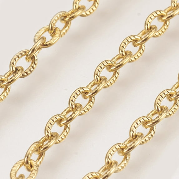 Ion Plating(IP) Handmade 304 Stainless Steel Cable Chains Textured Unwelded with Spool Oval Golden 4.4x3x0.6mm 32.8 Feet(10m)/roll