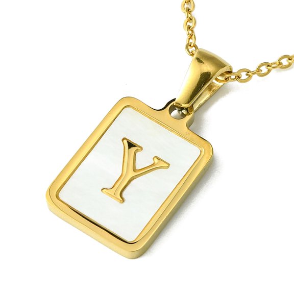 Ion Plating(IP) Rectangle with Initial Letter 304 Stainless Steel Pendant Necklace white Shell Real 18K Gold Plated Letter Y
