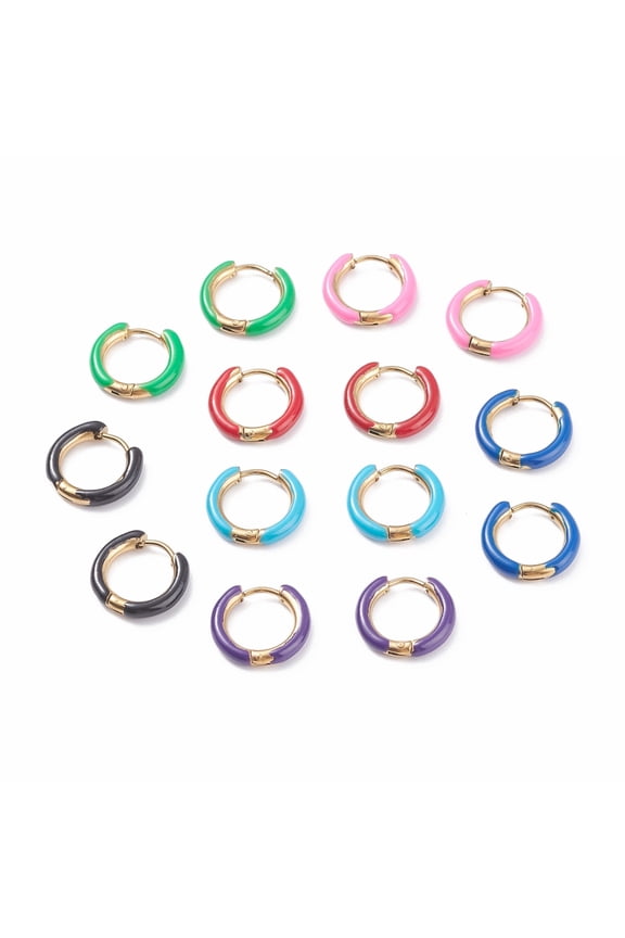 Ion Plating(IP) Two Tone 304 Stainless Steel Chunky Huggie Hoop Earrings with Enamel for Women Real 18K golden Plated Mixed color 10 Gauge 15~16x2.5mm Pin: 1mm