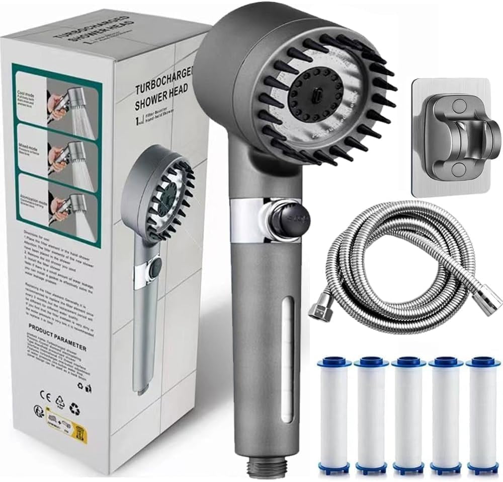 Ion Shower Drops Head Filtered Showerhead With Five Filters,Filtered Shower Head With Handheld,High Pressure Turbo Showerhead,Reusable,Adjustable Settings With Hose