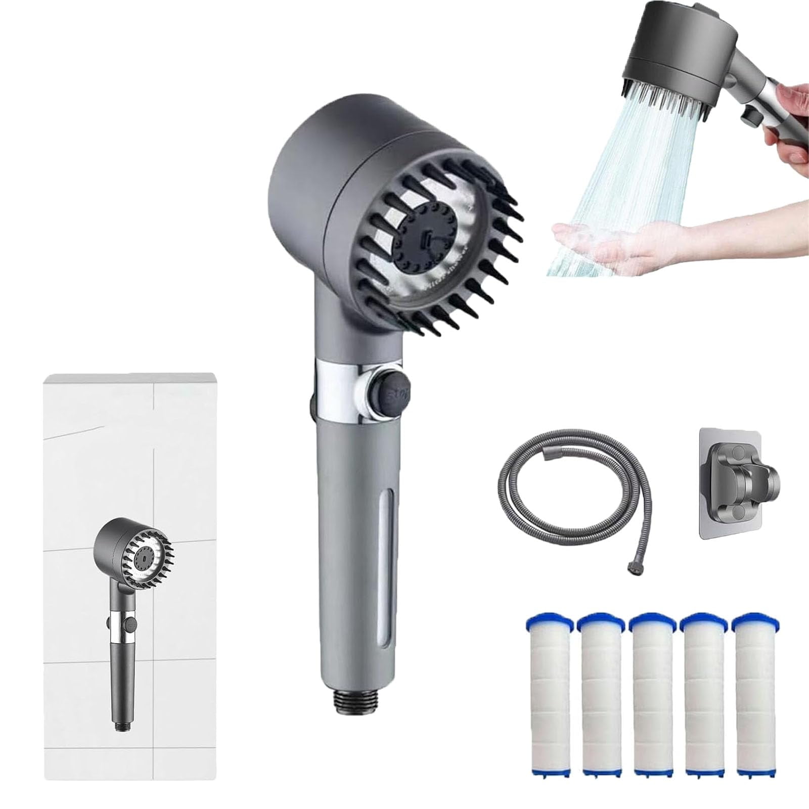 Ion Shower Drops Head Filtered Showerhead, Turbo Showerhead, Shower Head with Filter - Pressure Boosting Showerhead, Adjustable Settings with Hose