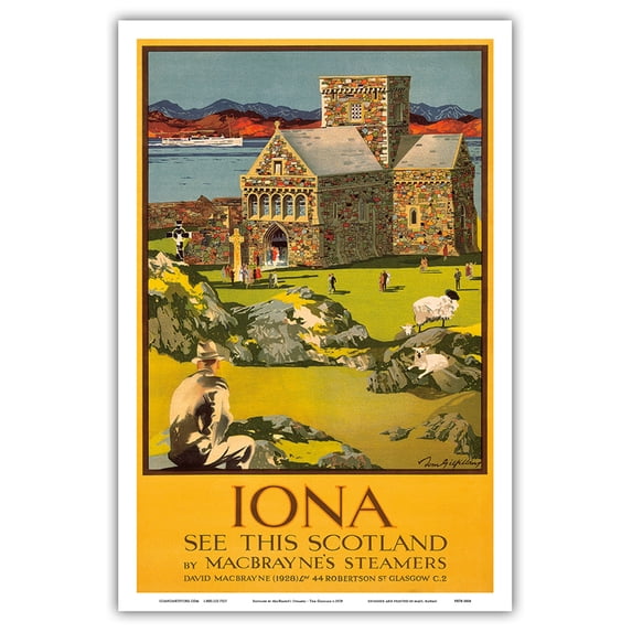 Iona - See this Scotland by MacBraynes Steamers - Celtic Cross at Iona Abbey - Vintage Ocean Liner Travel Poster by Tom Gilfillan c.1928 - Master Art Print (Unframed) 12in x 18in