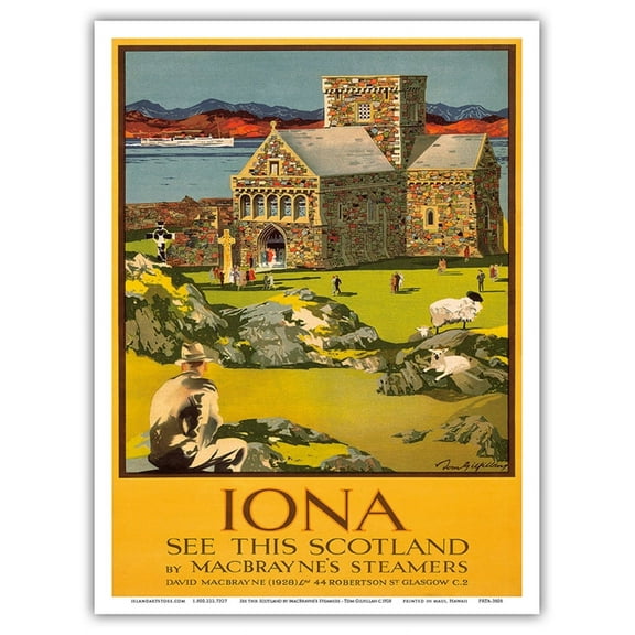 Iona - See this Scotland by MacBraynes Steamers - Celtic Cross at Iona Abbey - Vintage Ocean Liner Travel Poster by Tom Gilfillan c.1928 - Master Art Print (Unframed) 9in x 12in
