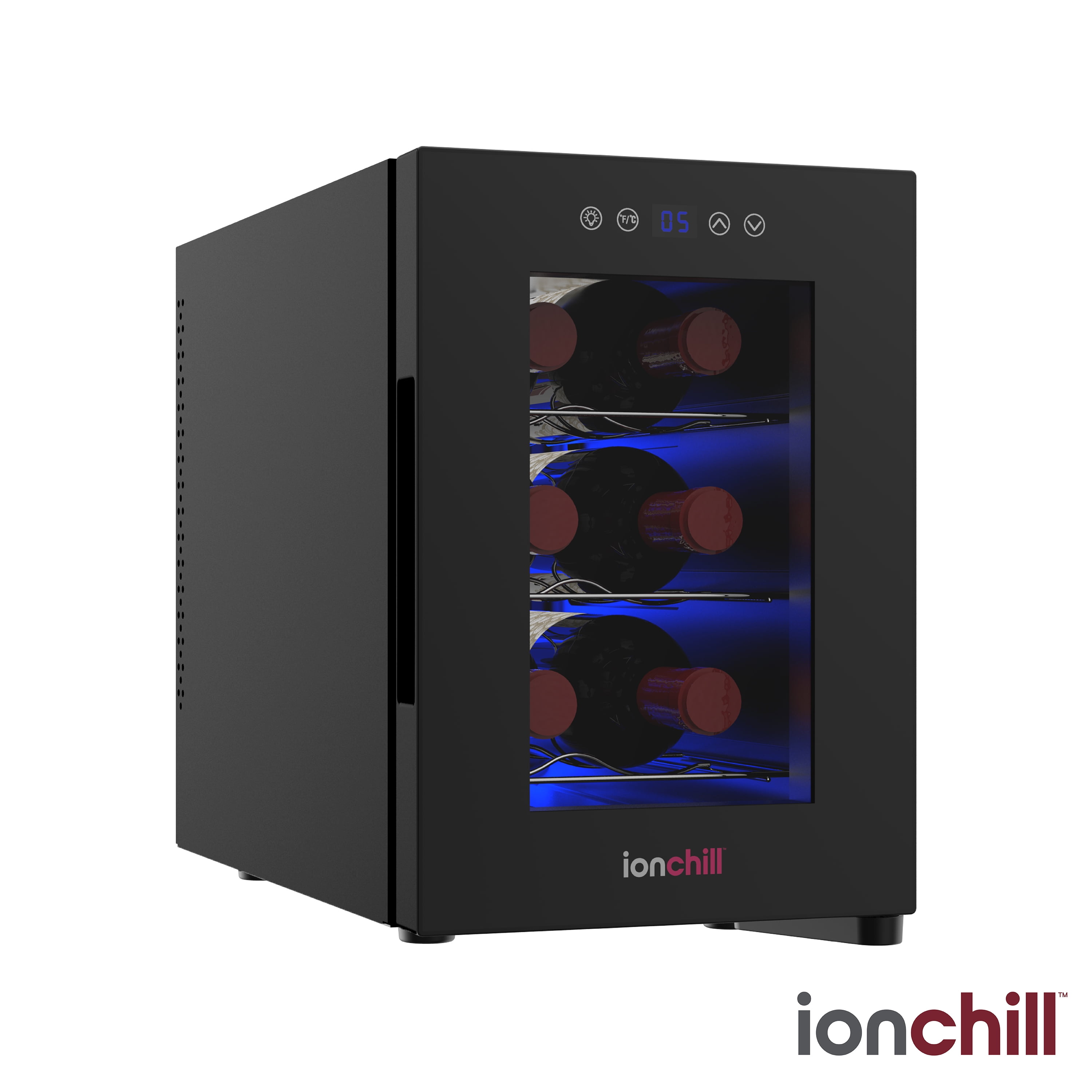 Ionchill 6-Bottle Wine Cooler, New Standard Door Mini Fridge with Wine Rack and Temp. Control, 9.75in