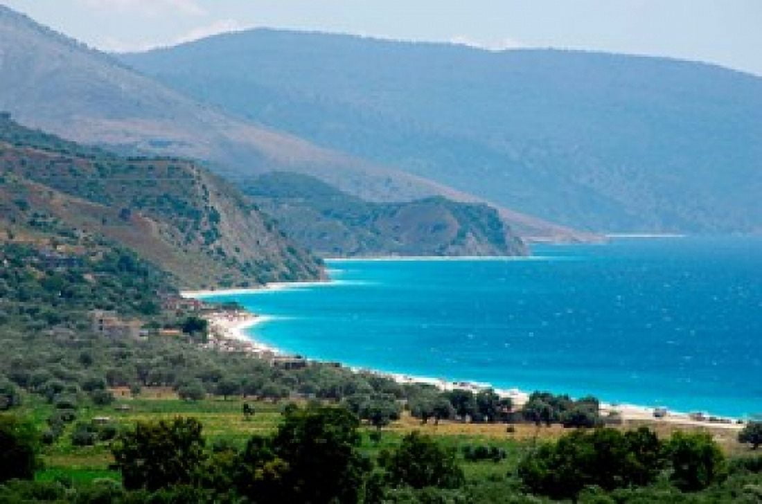 Ionian Sea and Borsh Beach Canvas Art - Prisma Archivo DanitaDelimont (28 x 19)