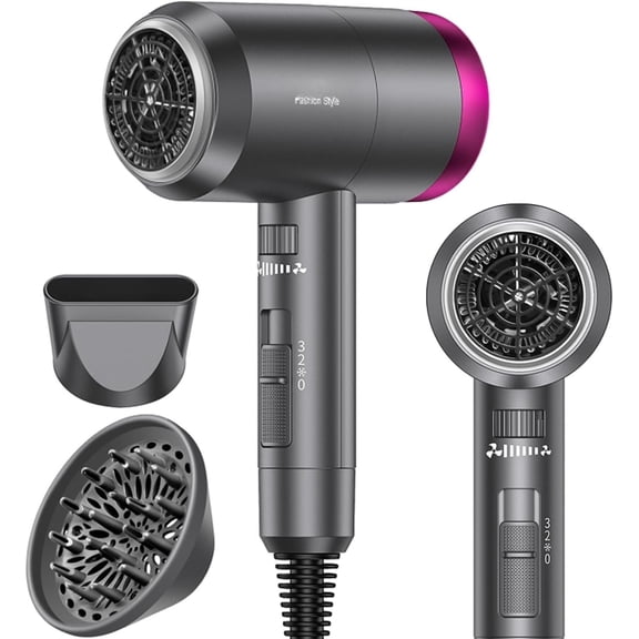 Ionic Blow Dryer 1600W, Portable Lightweight  Drying Negative  Hairdryer Blowdryer, 3 Heat Settings & Infinity Speed, with Diffuser and Concentrator Nozzle for  & Travel