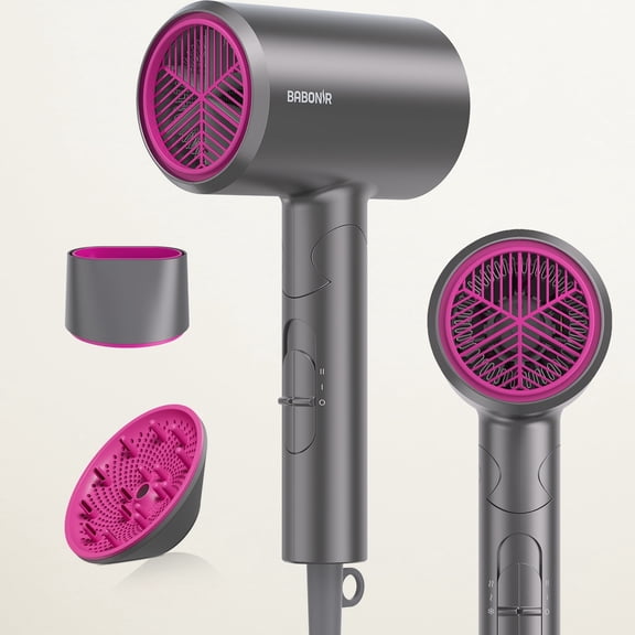 BABONIR 1875W Fast Drying Foldable Ionic Hair Dryer for Home Use, Lightweight Blow Dryer with Diffuser and Concentrator Nozzle, Gray