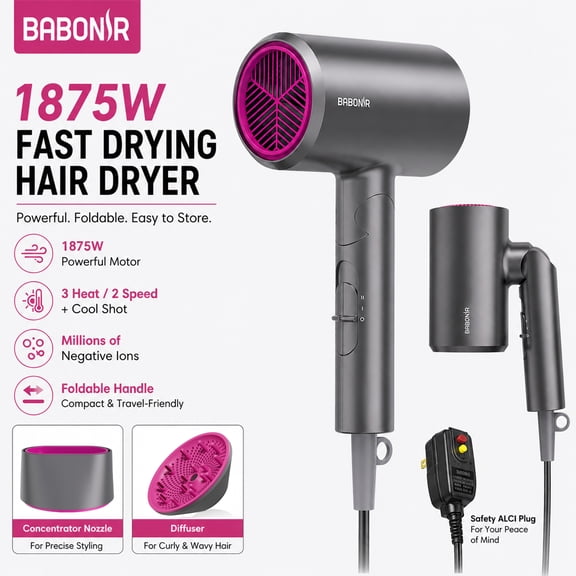 BABONIR Hair Dryer, 1875W Fast Drying Blow Dryer with Ionic Technology, Foldable Handle, Diffuser and Concentrator, Gray