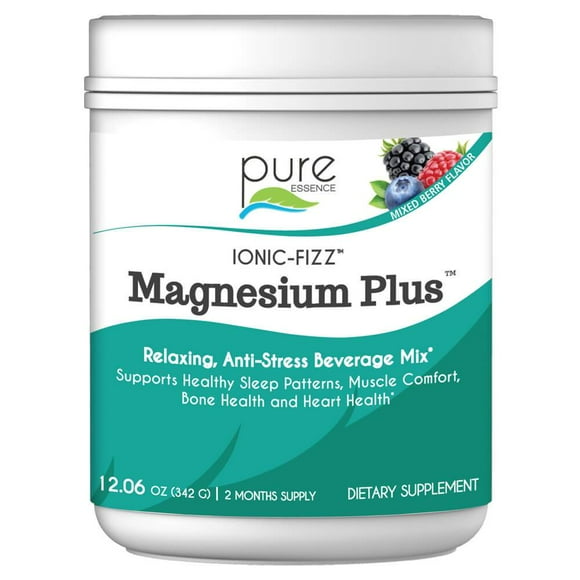 Ionic Fizz Magnesium Plus - Supplement with Zinc, Potassium, and 12 Other Nutrients -Natural Sleep Aid and Anti Stress Powder by Pure Essence - Mixed Berry - 12.06 oz