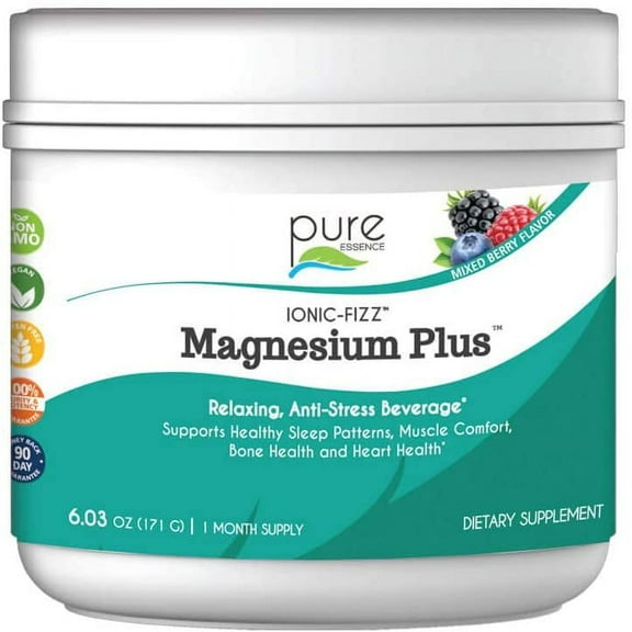 Ionic Fizz Magnesium Plus - Supplement with Zinc, Potassium, and 12 Other Nutrients -Natural Sleep Aid and Anti Stress Powder by Pure Essence - Mixed Berry - 6.03 oz