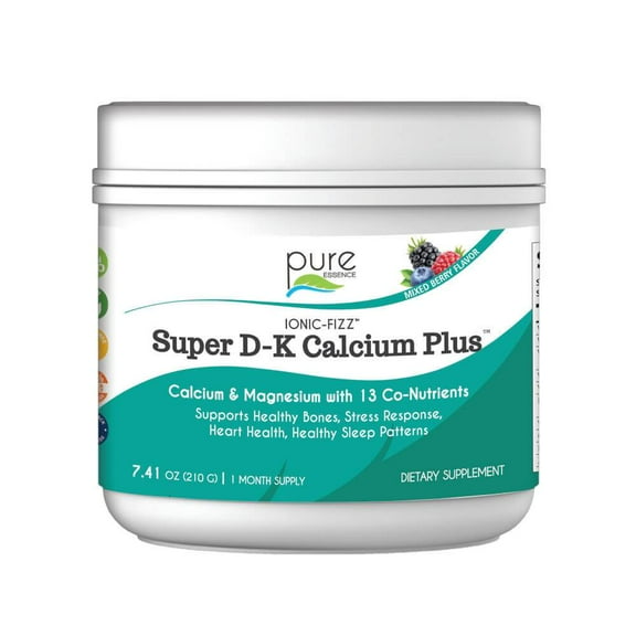 Ionic Fizz Super D-K Calcium Plus - Supplement with Magnesium, Zinc, Potassium, and 12 Other Nutrients -Natural Sleep Aid, Anti Stress Powder, Strong Bones by Pure Essence - Mixed Berry - 7.41 oz