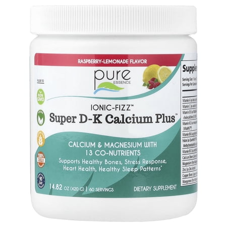 Ionic Fizz Super D-K Calcium Plus - Supplement with Magnesium, Zinc, Potassium, 12 Other Nutrients -Natural Sleep Aid, Anti Stress Powder, Strong Bones by Pure Essence - Raspberry Lemonade - 14.82 oz