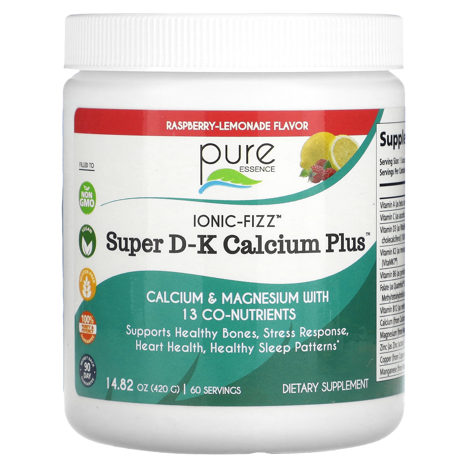 Ionic Fizz Super D-K Calcium Plus - Supplement with Magnesium, Zinc, Potassium, 12 Other Nutrients -Natural Sleep Aid, Anti Stress Powder, Strong Bones by Pure Essence - Raspberry Lemonade - 14.82 oz