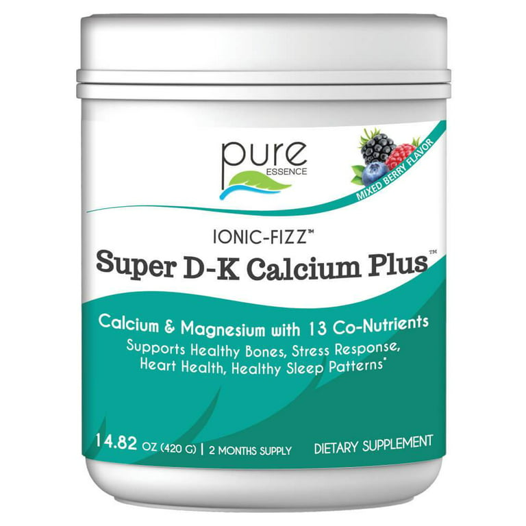 Ionic Fizz Super D-K Calcium Plus - Supplement with Magnesium, Zinc,  Potassium, and 12 Other Nutrients -Natural Sleep Aid, Anti Stress Powder,  Strong Bones by Pure Essence - Mixed Berry - 14.82 oz 