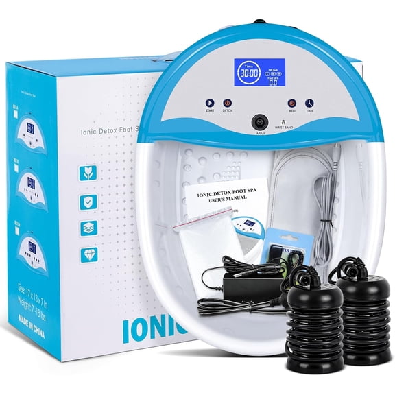 Ionic Foot Bath Detox Machine, Ion Foot Spa Cleanse Machine to Remove Toxins, Foot Bath Soak Tub Kits with Heat Waist Belt, 2 Super Arrays, 100 Basin Liners