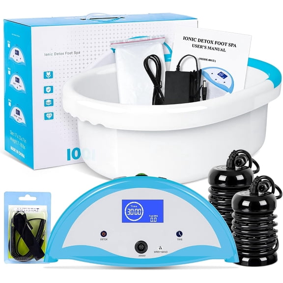 Ionic Foot Bath Detox Machine with Wristband & Timer - Home Ionic Foot Spa System - 2 Array Plates, 100 Liners, Large LCD, Foot Massage Basin - Relaxation & At-Home Hydrotherapy