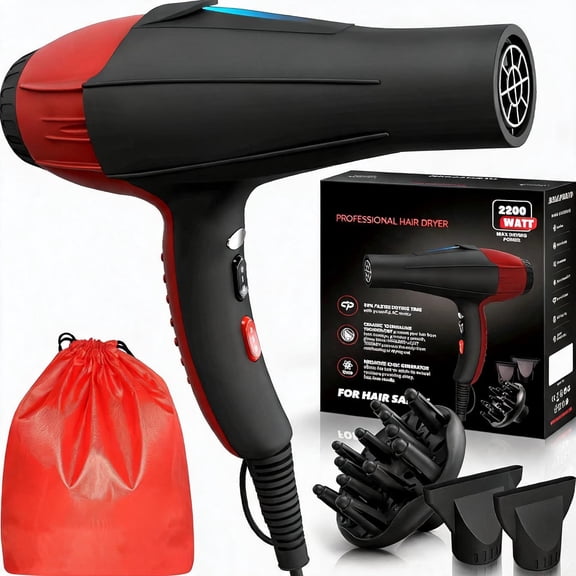 Ionic Hair Dryer 2200 Watt AC Motor Ceramic Tourmaline Ion Technology with Diffuser and Two Concentrator Nozzles Black Red