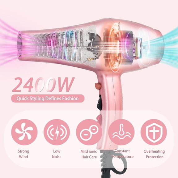 Ionic Hair Dryer 2400W Negative Ion Low Noise Fast Drying Professional with 3 Heat Settings 2 Speeds Cooling Button Diffuser for Curly Straight Hair Sakura Pink