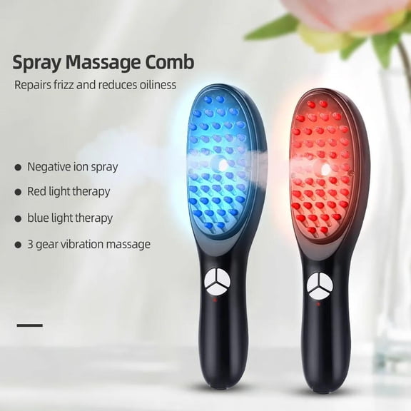 Ionic Mist Scalp Massager Comb with Red & Blue Light, 3-in-1 Vibrating Hair Care Tool for Hydration and Relaxation, USB Rechargeable